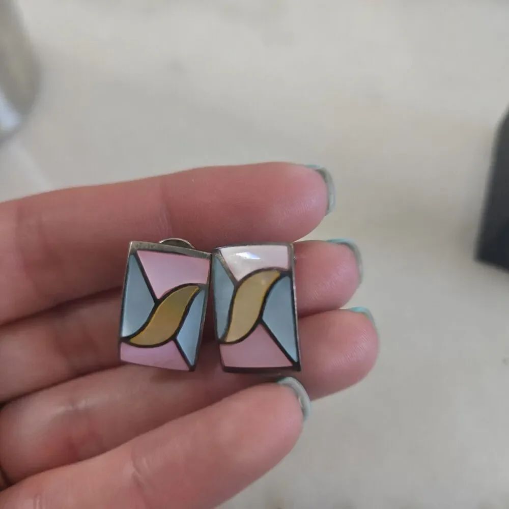 Vintage Sterling 925 Inlay Pastel Blue Pink Yellow Mother Of Pearl Earrings - Picture 2 of 6